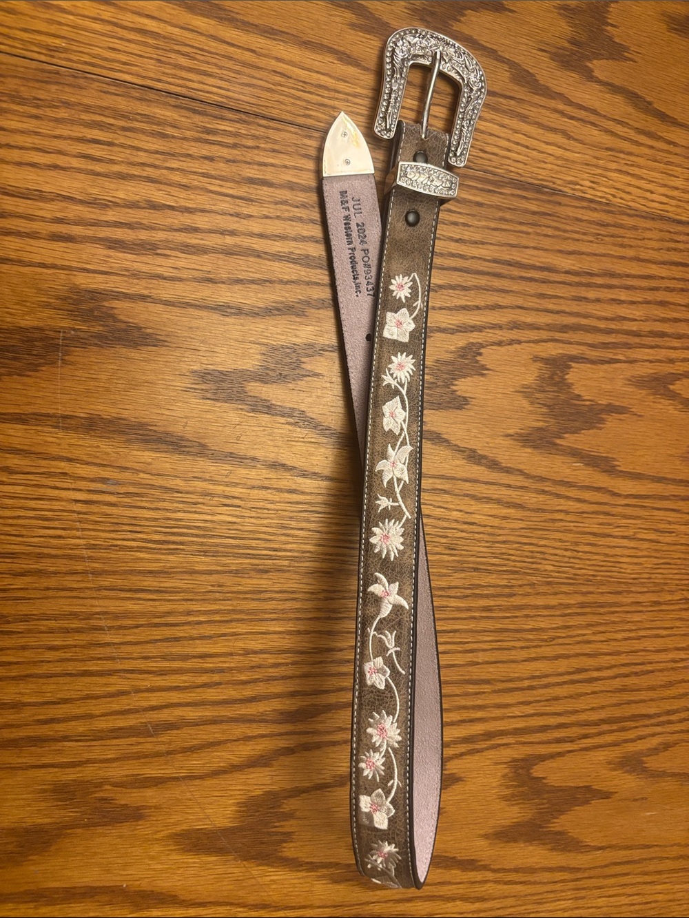 Embroidered Floral Brown Leather Belt with Decorative Silver Buckle